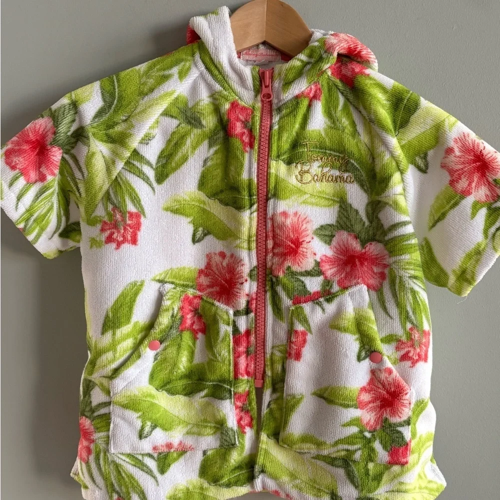 Tommy Bahama Girls' Hooded terry cloth Floral Zip Poncho White, Pink & Green
